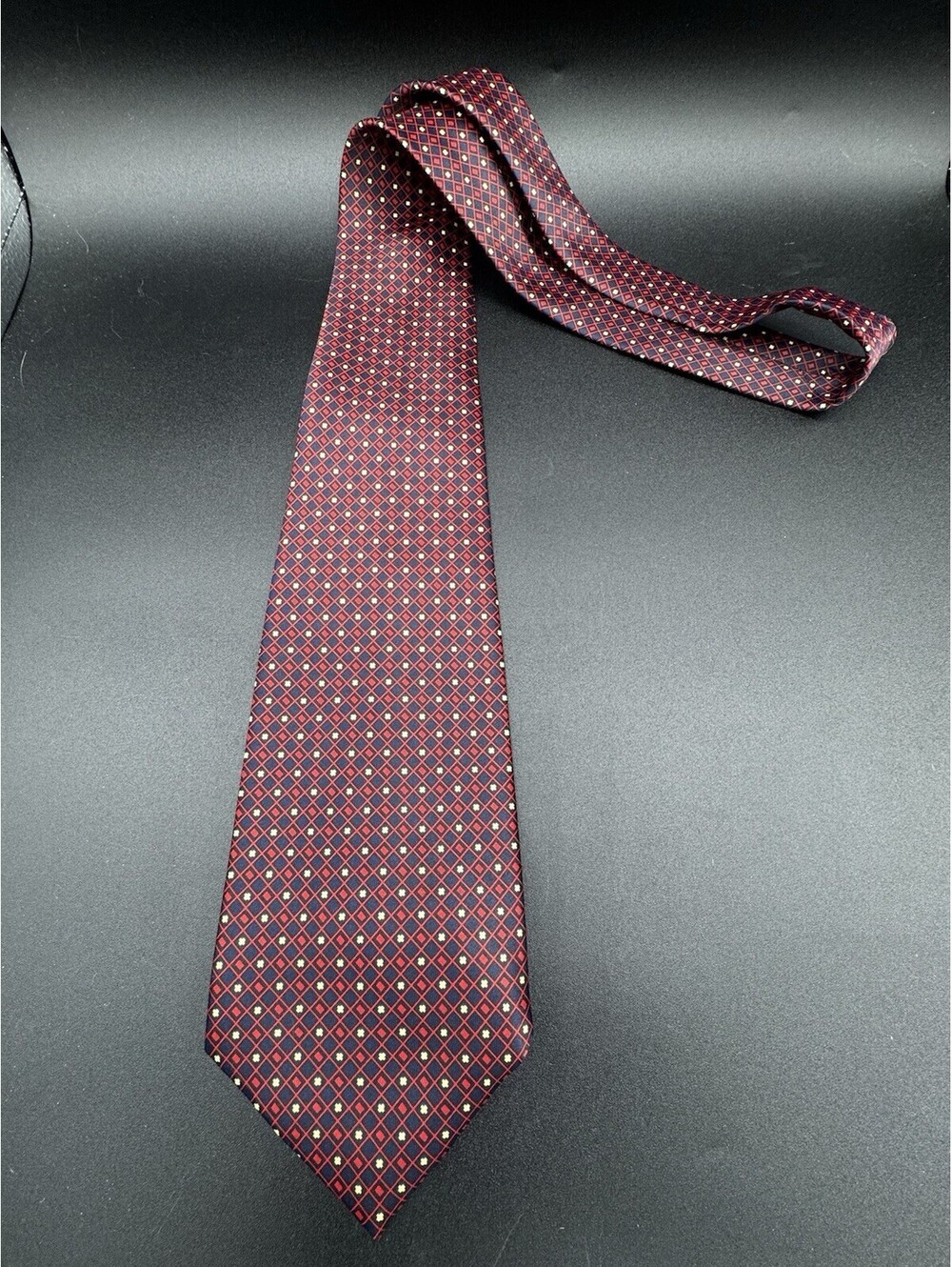Christian Armand Handmade 100% Silk Tie Navy Red Geometric Necktie Mens
